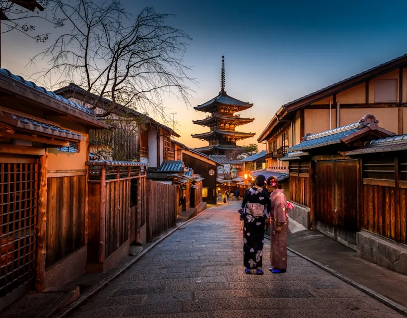 Historic street with a pagoda in Kyoto, Japan