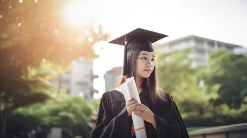Graduate in cap and gown outside a university campus